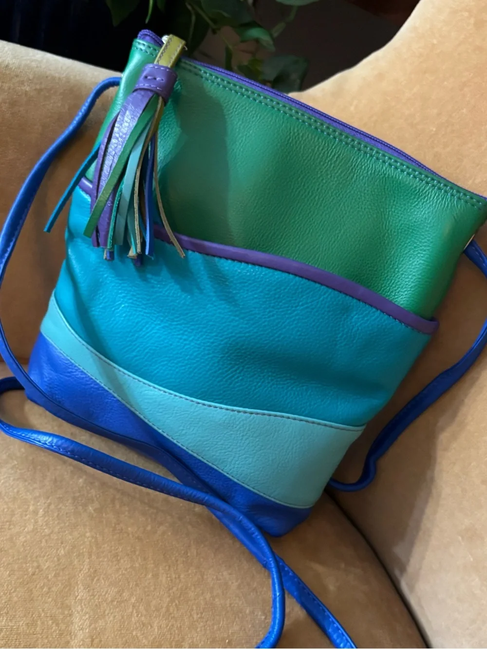 ILI NEW YORK colorful LEATHER crossbody bag POCKETS 80s colors! Blue teal purple - Picture 6 of 10